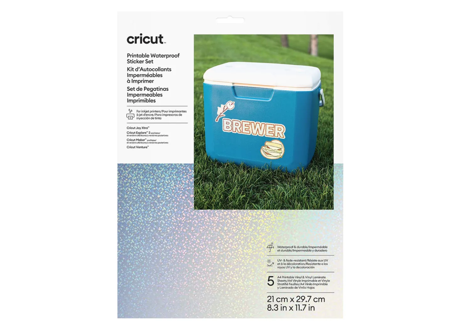 Cricut Carta Adesiva Impermeabile e Stampabile Bianco Olografico 5 fogli A4